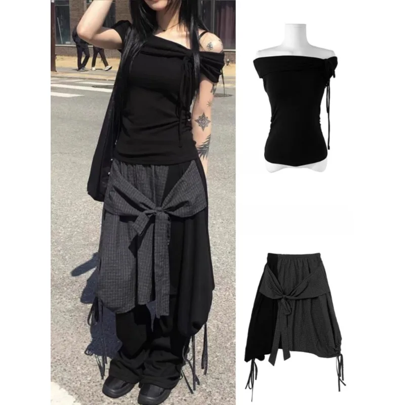 2025 Summer New Streetwear Lace-up Contrast Color Patchwork Loose A-line Skirt Women + Off-shoulder Sexy T-shirt Two Pieces Suit