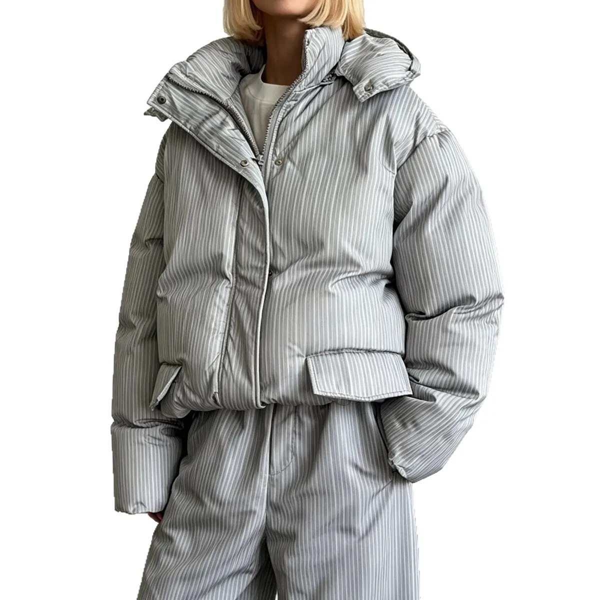Hooded Coat Striped Regular Fit Streetwear with Elegant Cross Border Long Sleeve Stand Collar Jacket Thick Women Winter Jacket