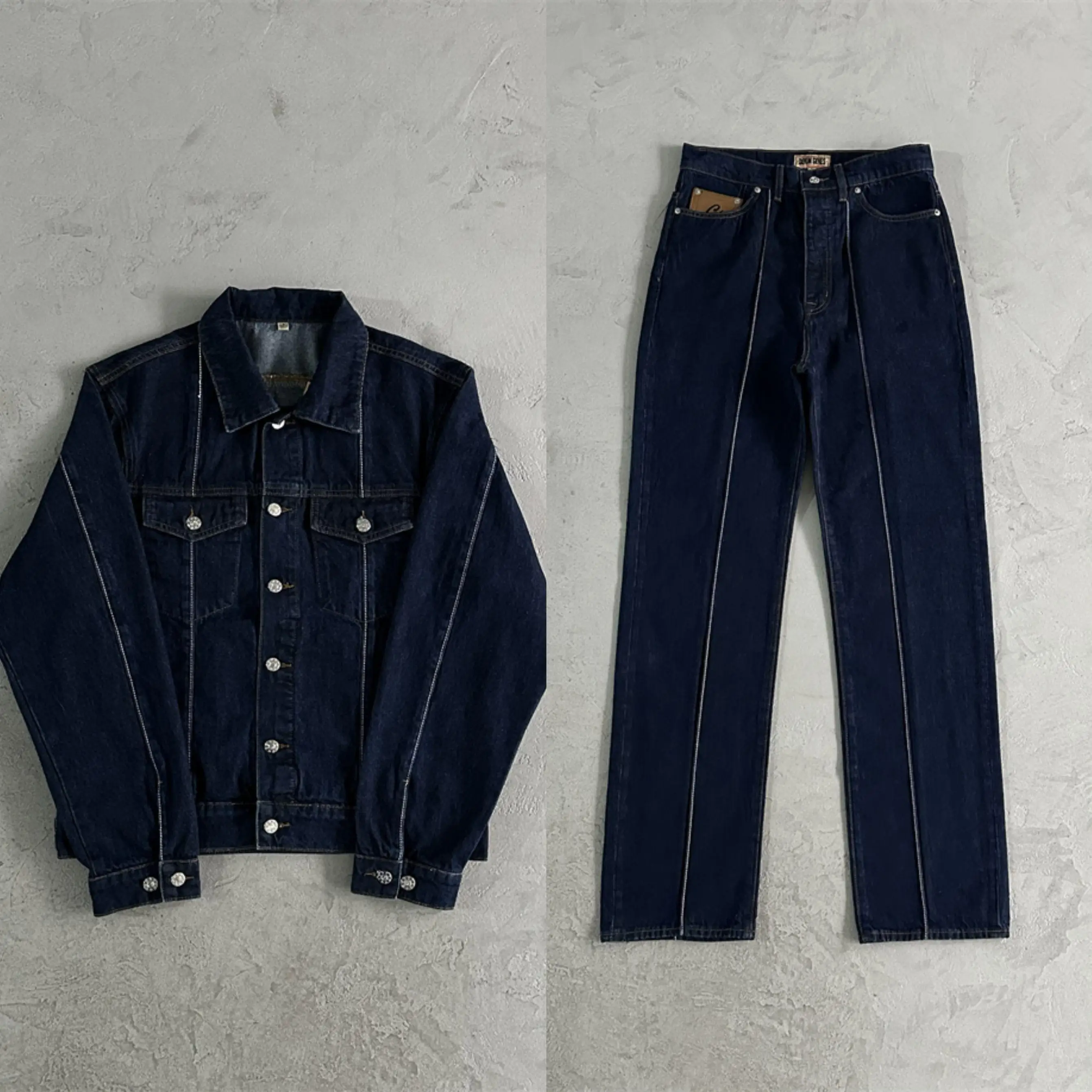 

Fall New American Retro Star Denim Set Men Women Long Pants k Blue Faionable Cotton Long Sve Button up Vintage Sle