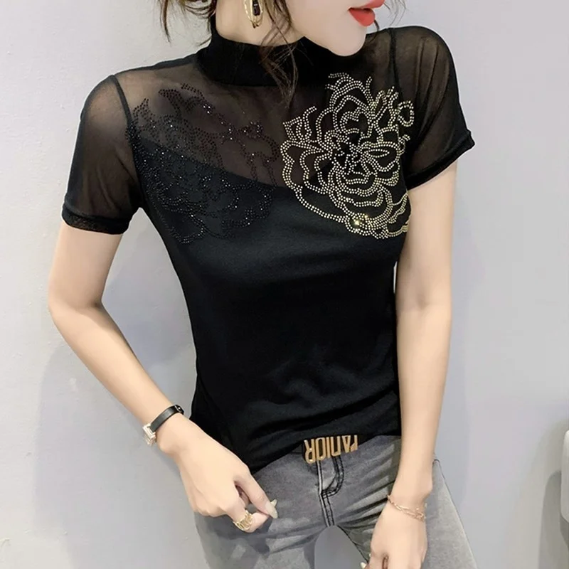 

#5309 Sumemr Black Short Sleeve T Shirt Women Diamonds Sexy Skinny T Shirt Female Thin Perspective Turtleneck T-Shirt Femme