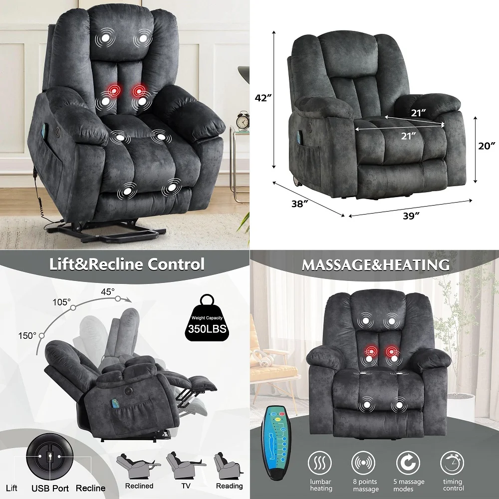 

Large Power Lift Recliner Chair with Massage, Heat, and USB for Elderly, Overstuffed Wide Recliners, Heavy Duty and Safety Moti