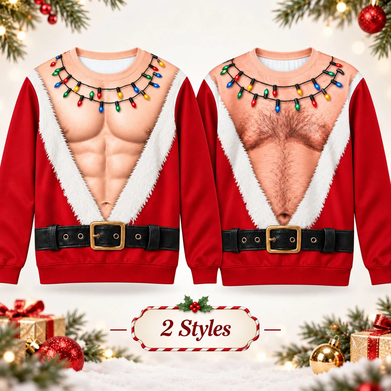 Funny Santa Costume Shirt Hairy Chest Fake Abs Christmas Cosplay Pullover Novelty Holiday Party Outfit for Men Xmas Costume
