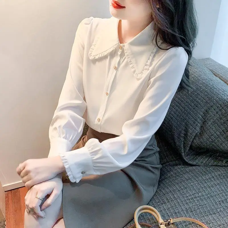 Sweet Peter Pan Collar Button Solid Color Ruffles Shirt Female Clothing 2022 Autumn New Casual Tops All-match Office Lady Blouse