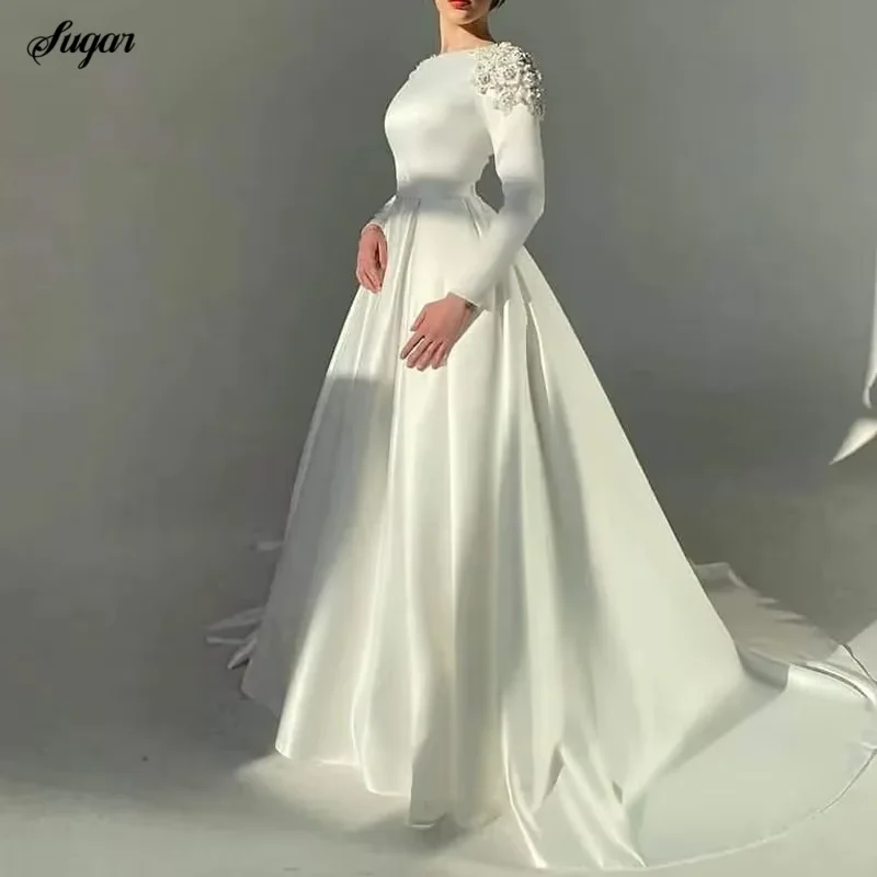 

Ivory O-Neck A-Line Muslim Wedding Dresses Vestidos De Novia Beading Flowers Satin Simple Vintage Long Sleeve Bridal Gowns