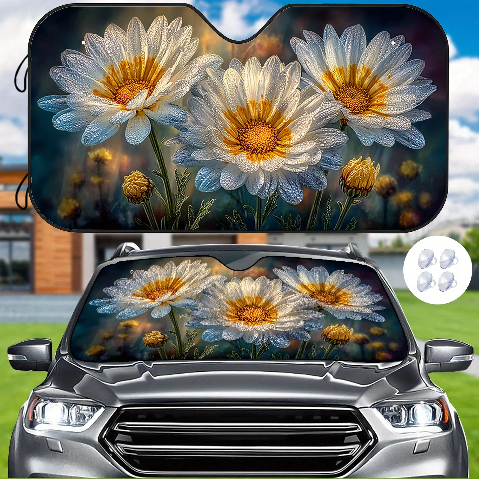 A Crystal-Clear Daisy Car Sunshade Featuring A Daisy Pattern With Dew Drops, Providing Heat Insulation To Maintain The Interior