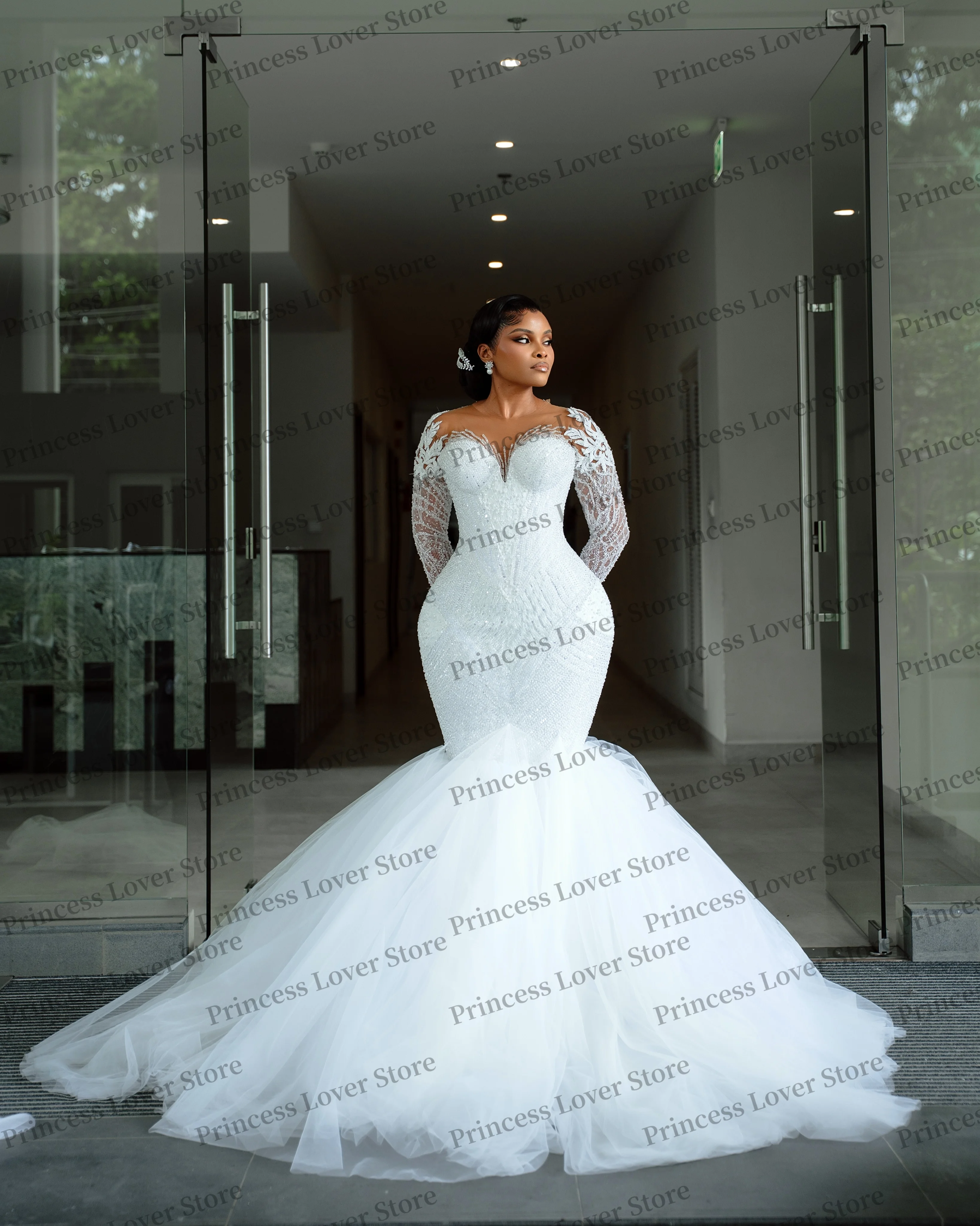 Exquisite Mermaid Wedding Dresses Lace Sequined Beading Long Sleeves Bridal Gown Plus Size White Tulle Party Dress Customized