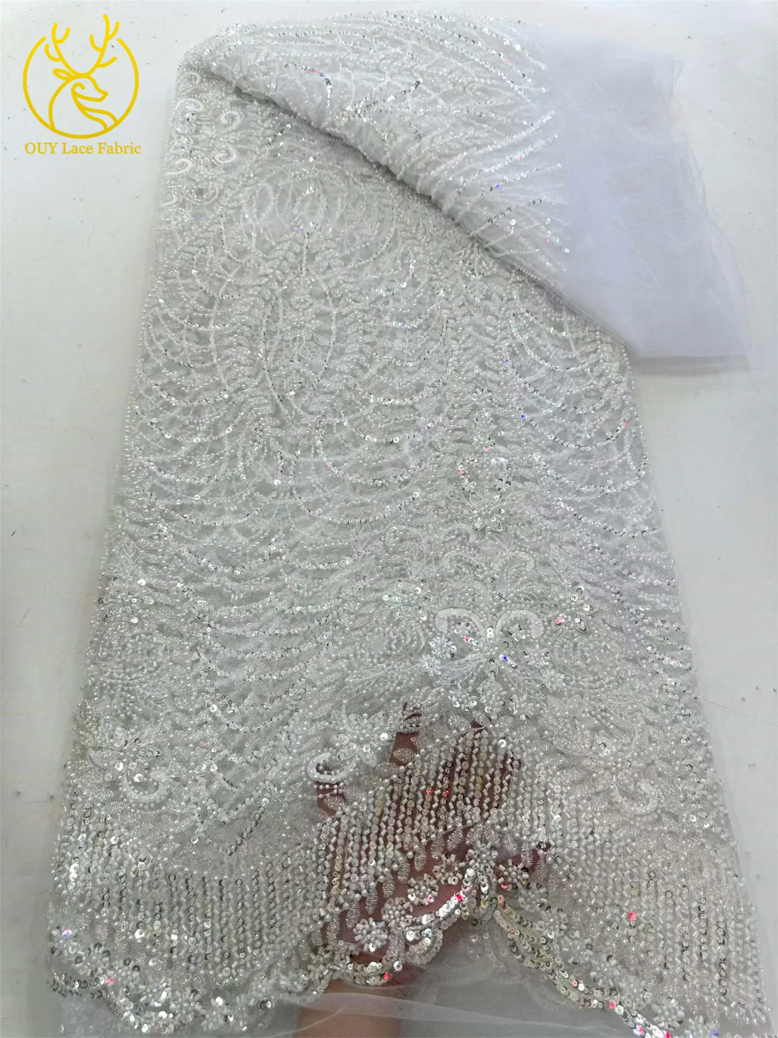 Luxuriöser goldener nigerianischer Mesh-Spitzenstoff mit Perlen und Pailletten, afrikanische französische Brautstickerei, Hochzeitsspitze für Damen, Partykleid, Nähen – Detail 12