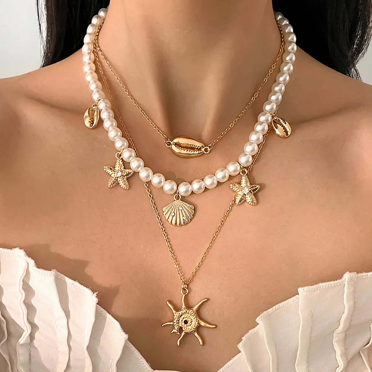 Necklace Multi Strand Faux Pearl Shell Starfish Pendant with Durable Adjustable Alloy Clasp for Women Resort Summer Wear