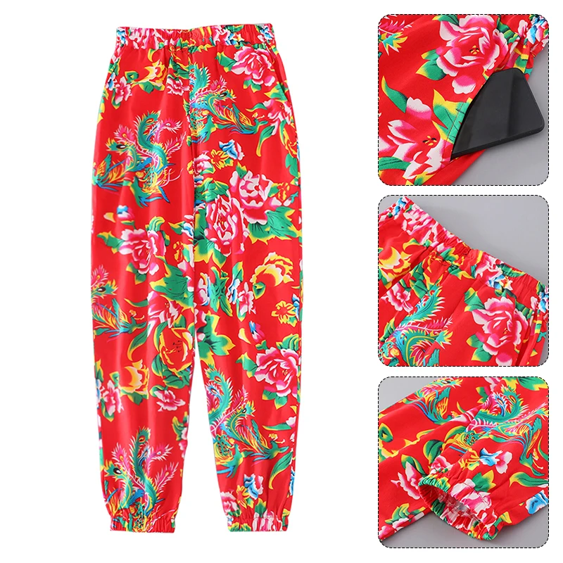 Mulheres homens floral impresso harem calças largas étnica chinesa baggy fantasia unisex traje desempenho corredores moletom