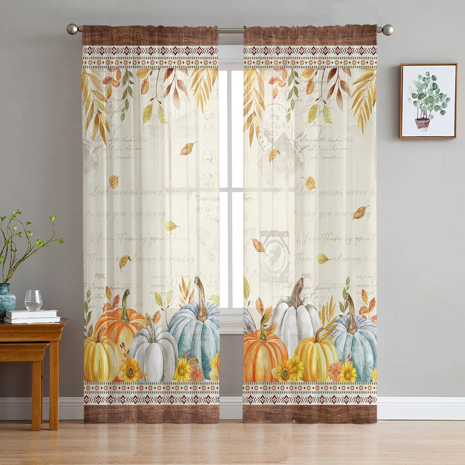 Pumpkin Harvests Leaves Sheer Curtains For Living Room Tulle Window Curtain Bedroom Kitchen Veil Drapes