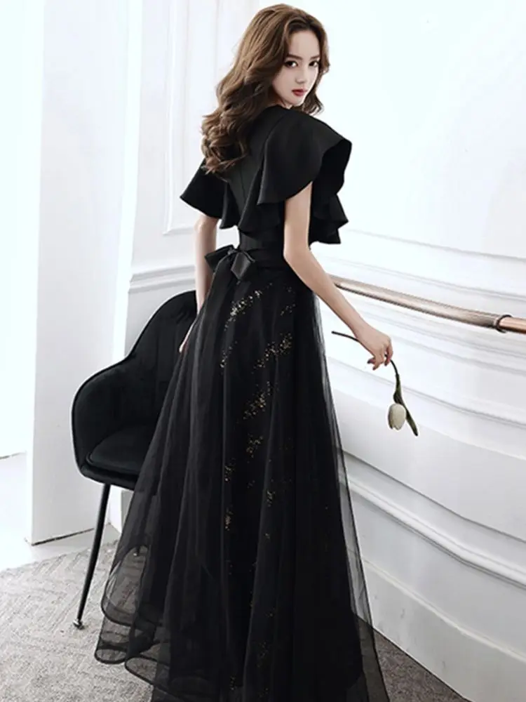 Black Slim Lace Up Evening Dress Elegant V-Neck Ruffle Short Sleeve Cocktail Party Dresses Back Zipper Long Graduation Vestido