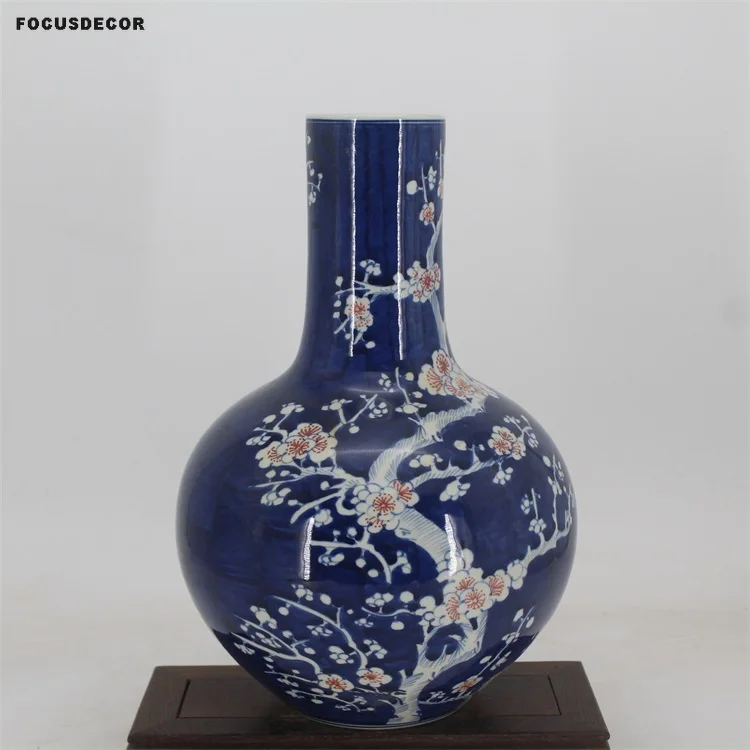 Китайская ваза для цветов, синий и белый, красный цветок, настольная бутылка, антикварные классические украшения, ручная роспись, коллекция антикварного фарфора