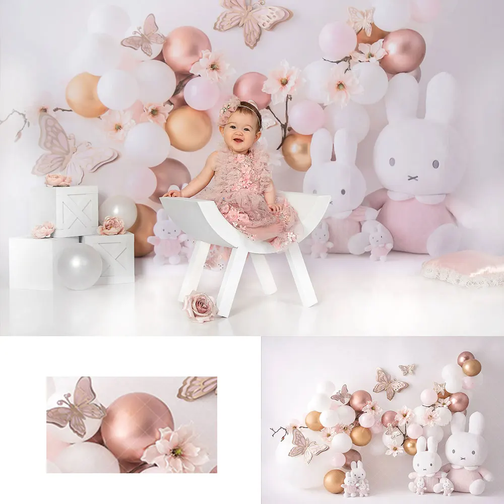 Telón de fondo de mariposas y conejos rosas, globos para niños, accesorios de fotografía para bebés, niñas y adultos
