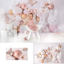 Pink Butterflies and Bunnies Backdrop Balloons Kids Cake Smash Photography Props Child Baby Girls Adult Photocall Backgrounds