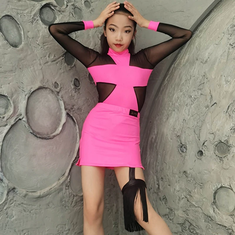 

Kids Latin Dance Clothes Girls Pink Leather Mesh Splicing Fringe Dress Split Suit Cha Cha Practice Performance Clothing DNV19777