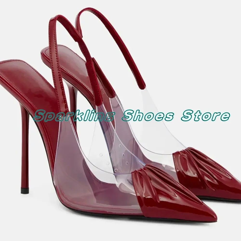 

Wine Red Leather Sandals Pointed Toe Stiletto Ankle Buckle Strap High Heels Solid Sexy Ladies Sandals 2024 Summer New Trend