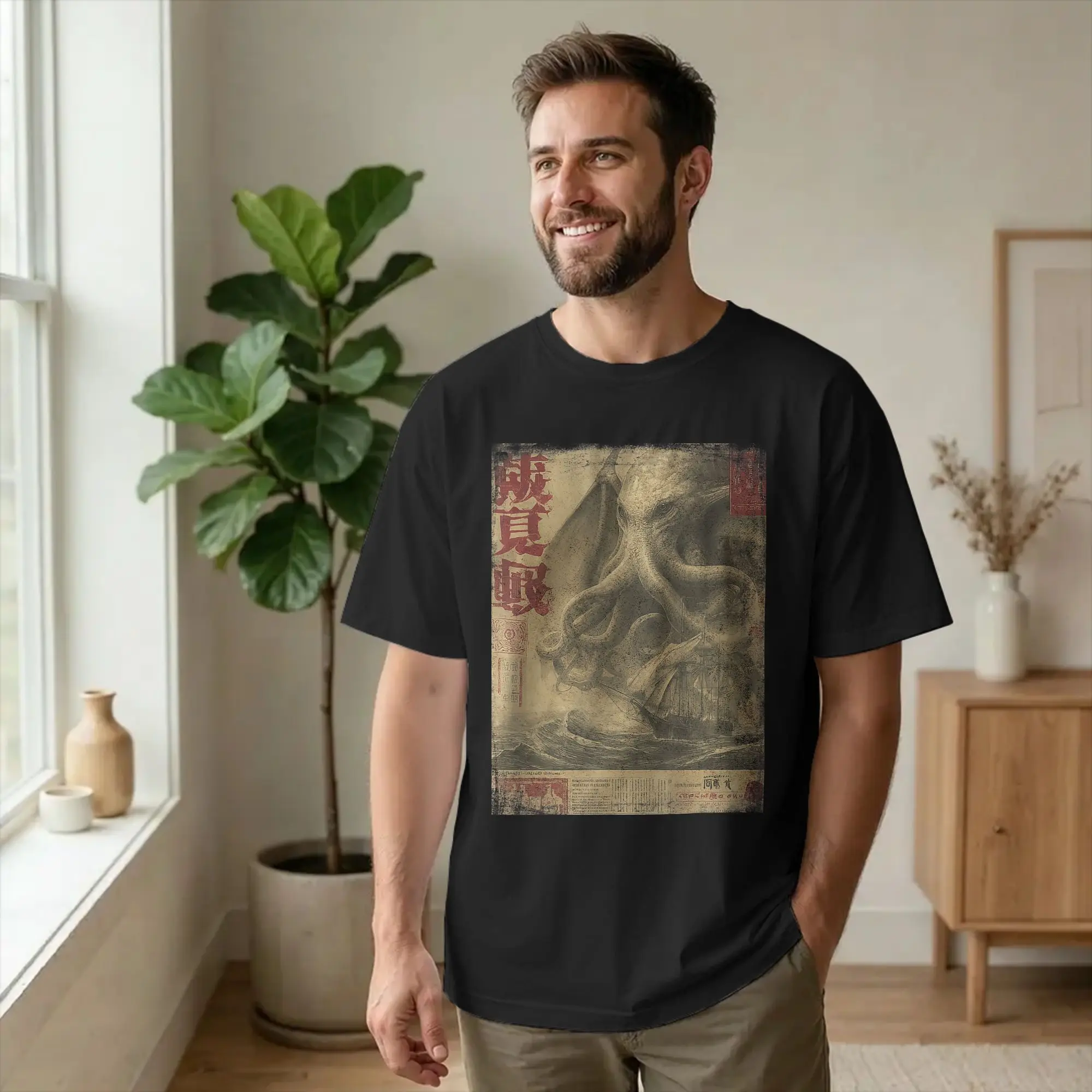 Cthulhu Kraken Vintage Japanese Sea Monster T-Shirts Men Newspaper Humorous 100% Cotton Tees O Neck Short Sleeve T Shirt merch