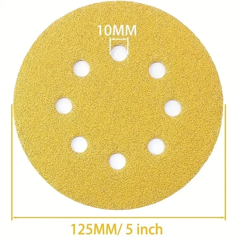 10/50pcs 5 Inch Yellow Sanding Discs 8 Holes 125mm Hook And Loop Aluminum Oxide Sandpapers For Polishing Random Orbital Sander