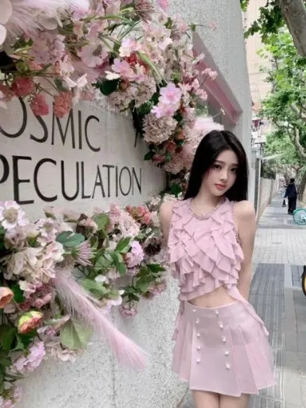 

Женский шифоновый топ Beiyu ell Heavy Industry с асимметричными оборками, укороченный, приталенный, с круглым вырезом, в нежном стиле