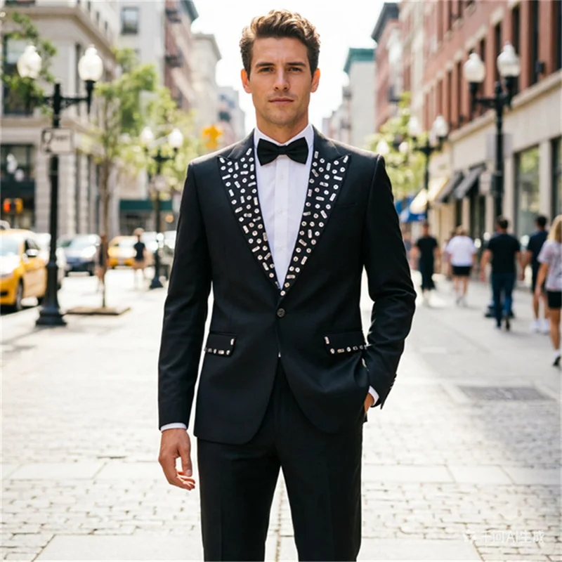 

Stylish Crystal-Embellished Suits for Men - White & Black Option, Perfect for Stage Performances, Weddings, Proms & Formal Event