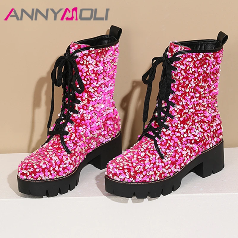 

ANNYMOLI Women Ankle Short Boots Round Toe Thick Mid Heels Sparkly Boot Glitter Lace-up Combat Boot Lady Fashion Shoes Winter 43