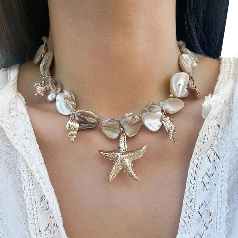 

39BD Shell Choker Necklace with Pearls Irregular Starfishs Pendant Necklaces for Women