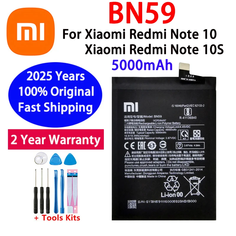 

2025 лет, высококачественный оригинальный аккумулятор BN59 для Xiaomi Redmi Note 10/10S, 5000 мАч, сменные аккумуляторы, быстрая доставка