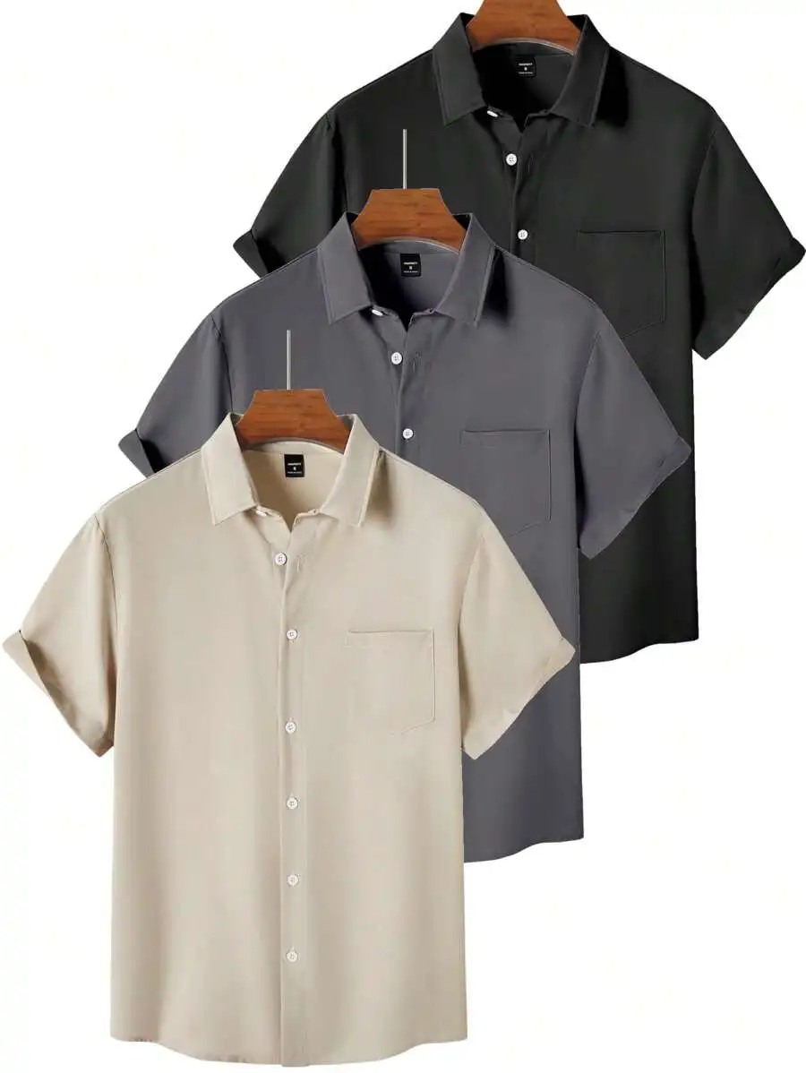 

Men's Short Sleeve Button-Up Shirt with Chest Pocket, Casual Everyday Wear in Beige, Gray, Black