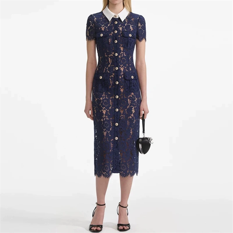 

Summer new women's lapel single breasted water-soluble flower lace hollow short sleeved dress, fashionable commuting long skirt