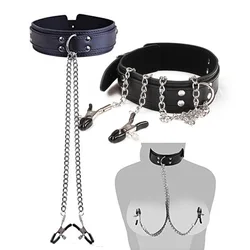 New Leather Choker Collar With Metal Nipple Breast Clamp Clip Chain Couple SM Sex Toys For Woman Sex Tools Adult Games Fetish