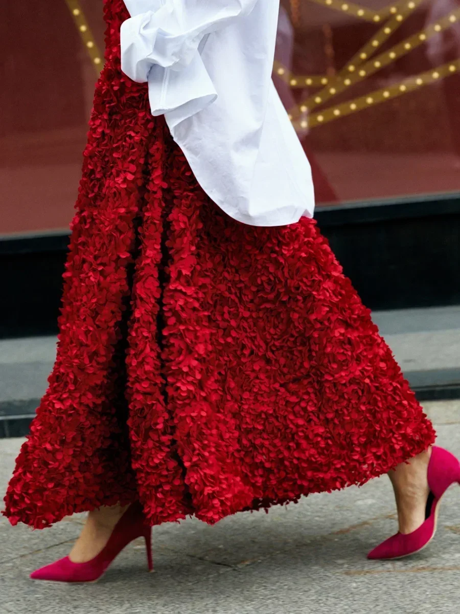 Winter Autumn Women's Fashion Chic Long Petal Skirt Design Inspired Evening Gown Elegant Lady Unique High Waisted Skirt