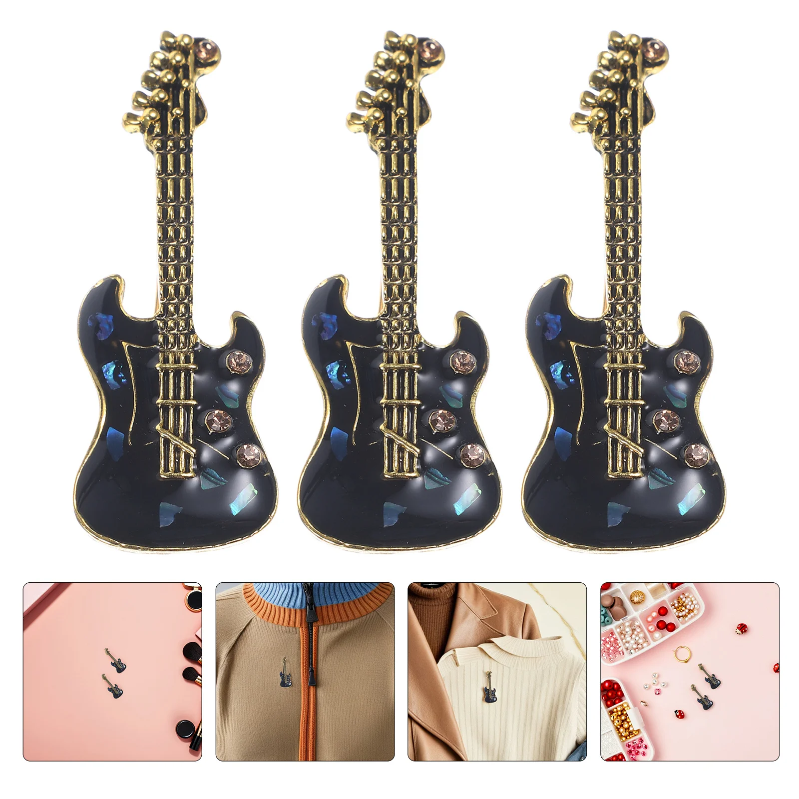 

3Pcs Hat Guitar Brooch Pins Enamel Rhinestone Vintage Instrument Lapel Badges for Shirt Jacket Backpack Wear Hat Brooch Badges