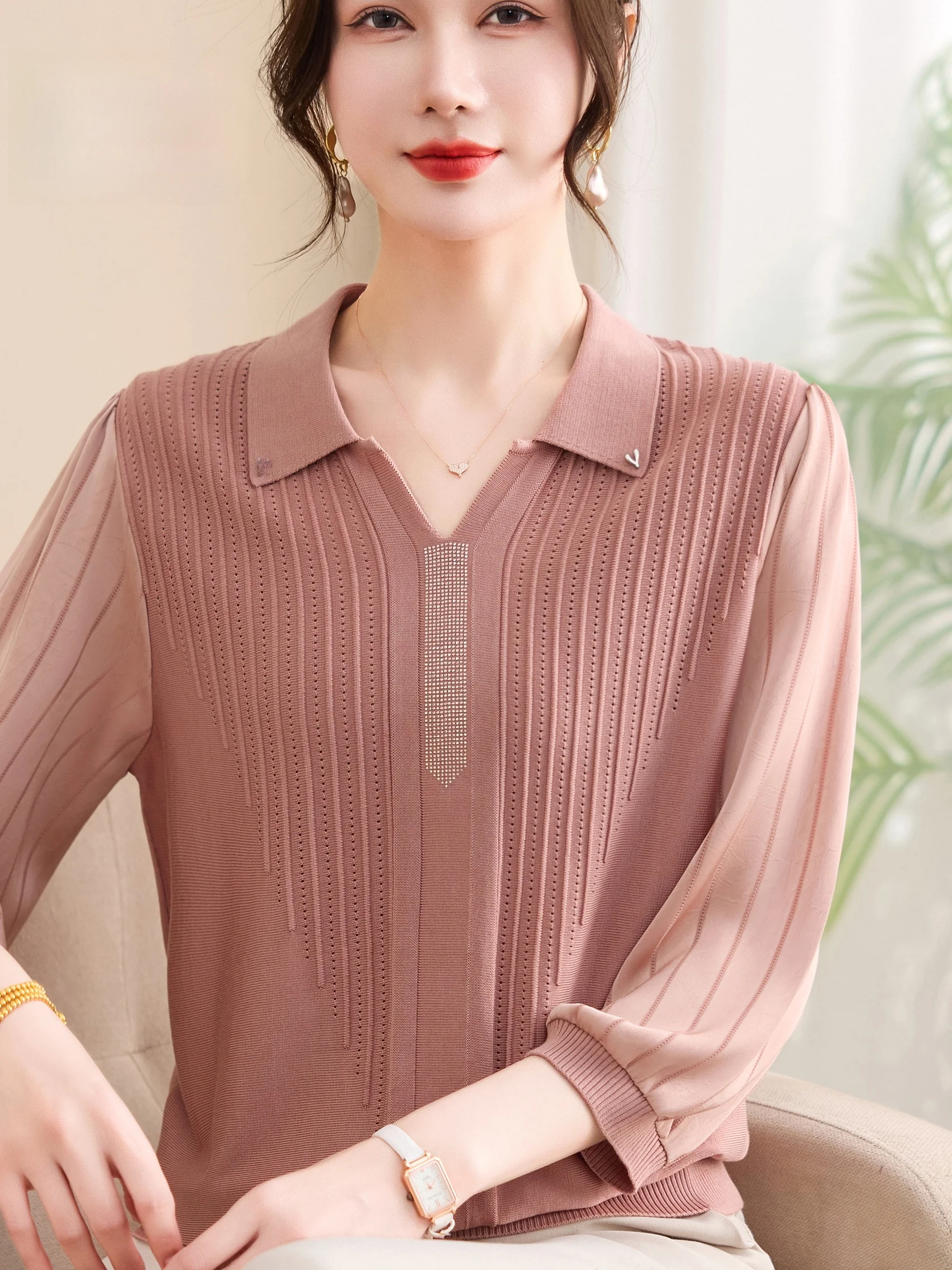

Вязаная женская кофта Slimming Mommy Sle: модный тонкий топ с отложным воротником, дышащий, свободного кроя