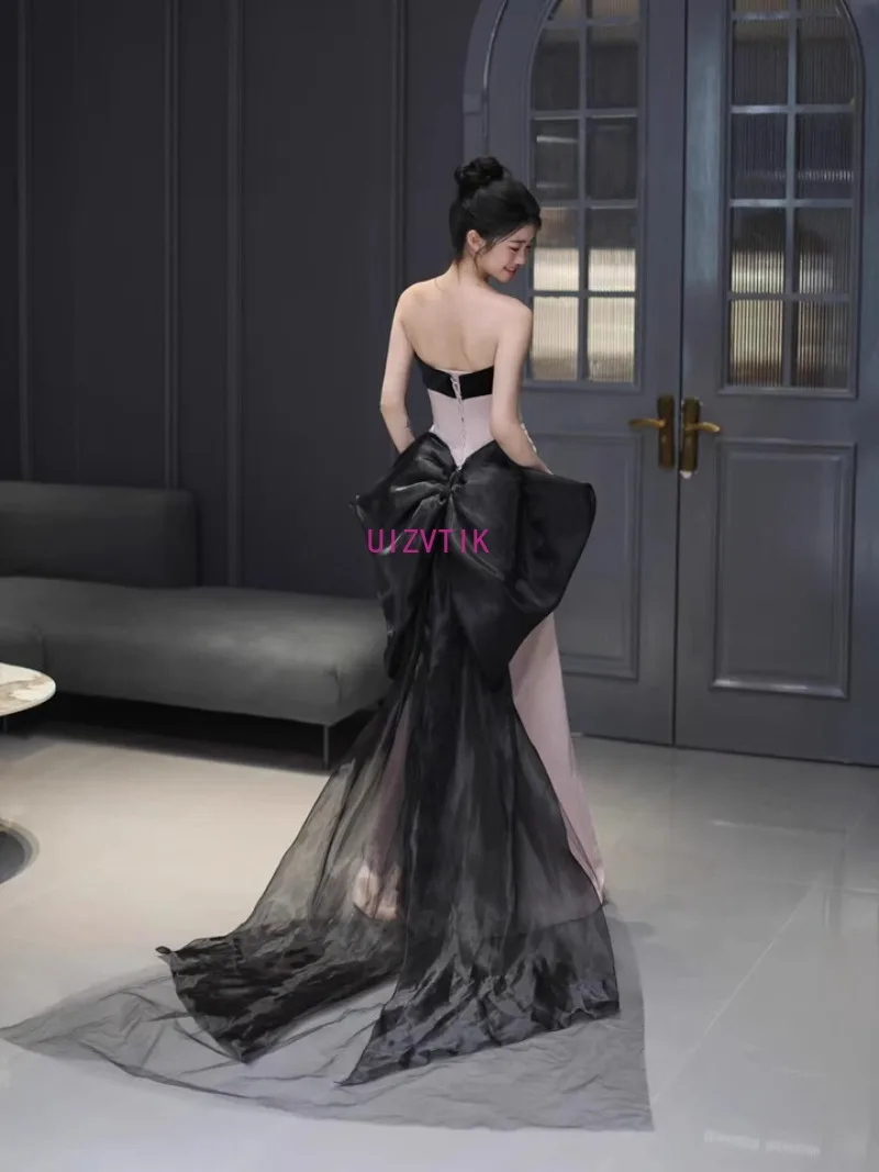 فساتين سهرة مثيرة بدون حمالات باللون الوردي للنساء بدون أكتاف بدون ظهر مع فيونكة لحفلات أعياد الميلاد فستان زفاف طويل حورية البحر بسيط