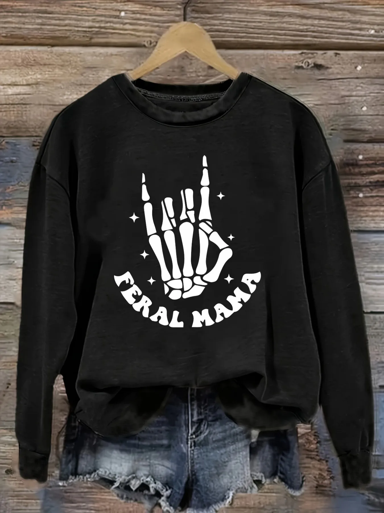 Women's Casual Long Sleeve Crew Neck T-Shirt Feral Mama Skeleton Hand Print Design, Round Neck Women's Clothing, Machine Washable, Slightly Elastic, Loose Fit, Spring Autumn Winter Women's T-Shirt, Halloween Costume Outfit