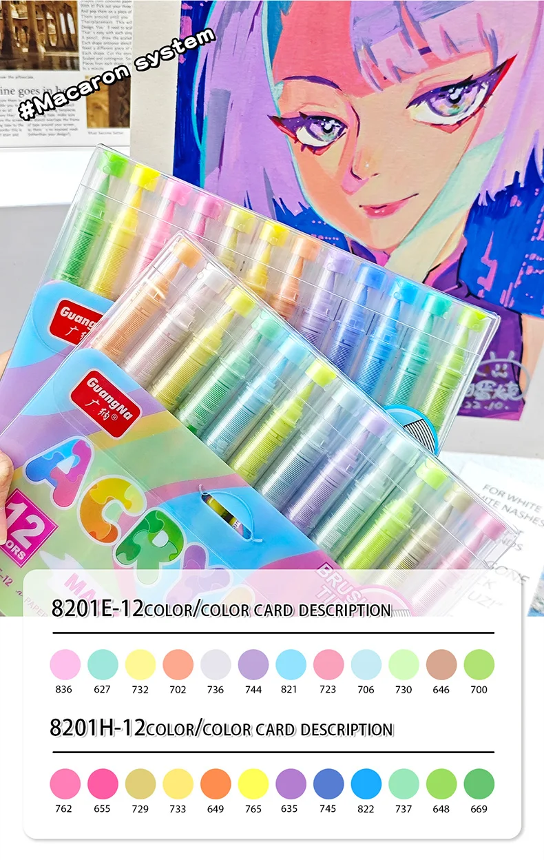 GuangNa 12-72 Farben Acryl-Marker-Stiftset mit weichen Pinseln, Hautton, Macaron-Farben, DIY handgezeichnet, Mal-Kunstmarker-Stifte, GN.8201F/M – Detail 28