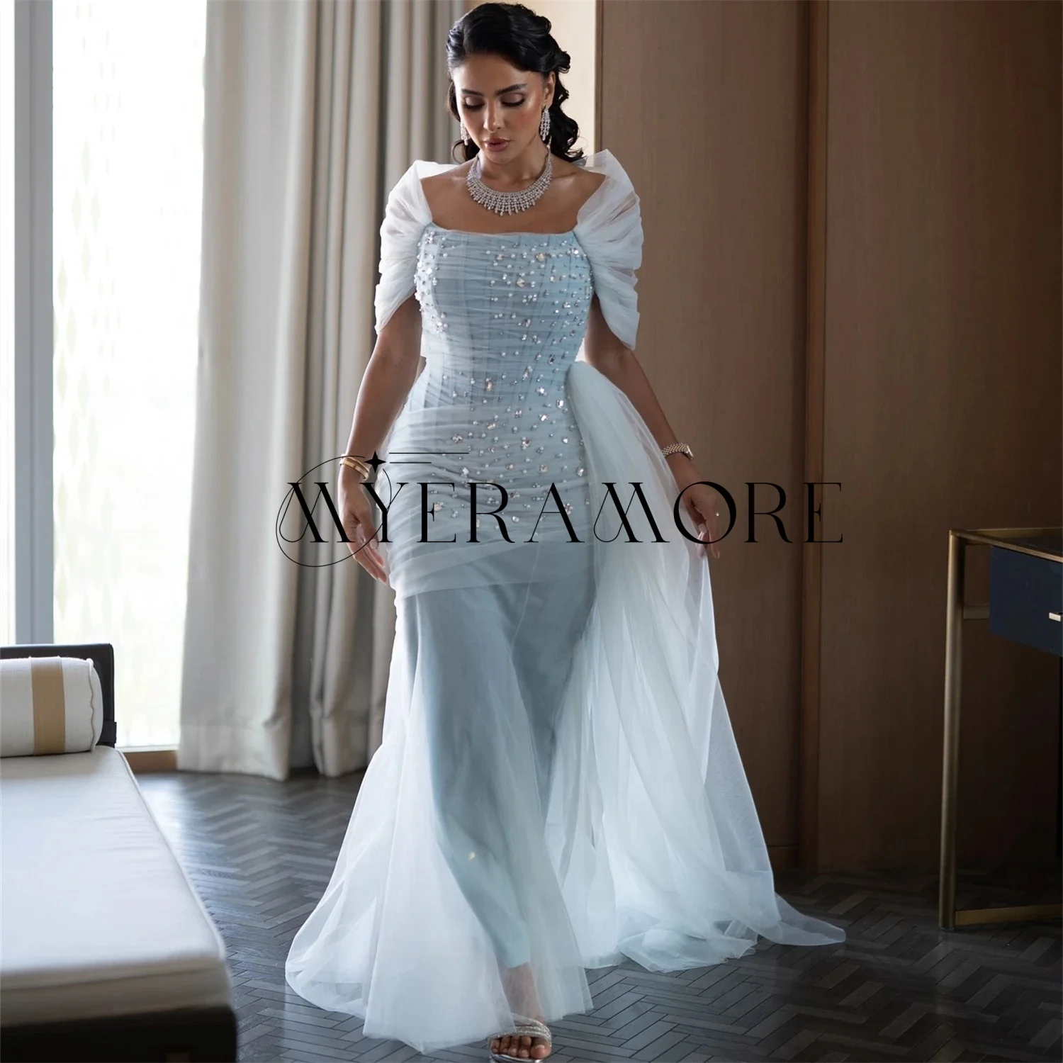 فساتين سهرة فاخرة مكشوفة الكتف من التول مطرز بحورية البحر فساتين رسمية للحفلات الراقصة مخصصة رداء السهرة