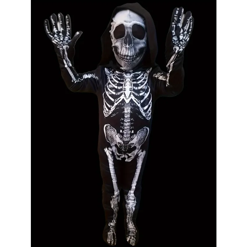 Tuta con cappuccio grafica Allover Skull per ragazzi, tuta da prestazione natalizia Set elegante vestito Versatile regalo per feste di Halloween