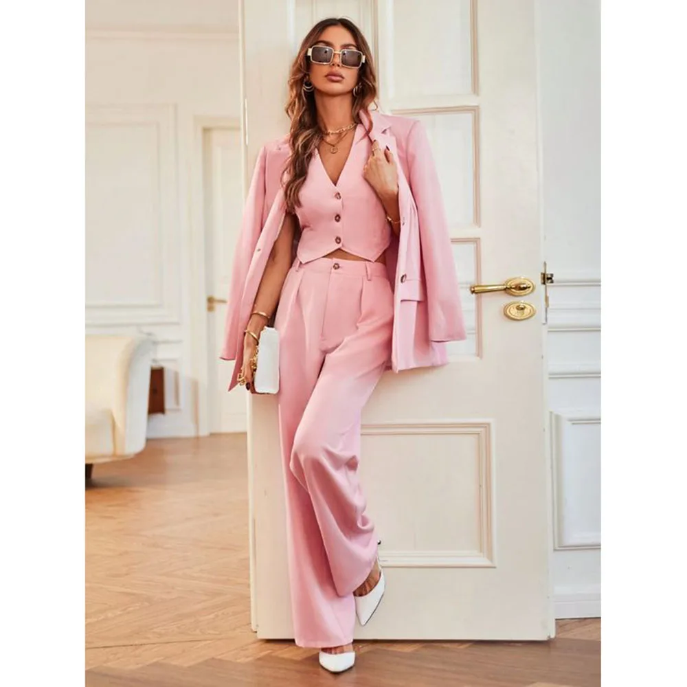 Elegant Pink Suits for Women 3 Pieces Jacket Pants Vest Notch Lapel Female Clothing Smart Banquet Office Lady's Blazers Sets