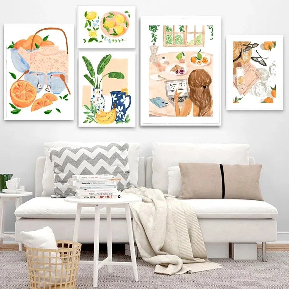 Arte de pared abstracto, plato de fruta para fiesta en la piscina, carteles nórdicos e impresiones de tiempo libre para mujer, pintura al óleo, imagen decorativa para sala de estar
