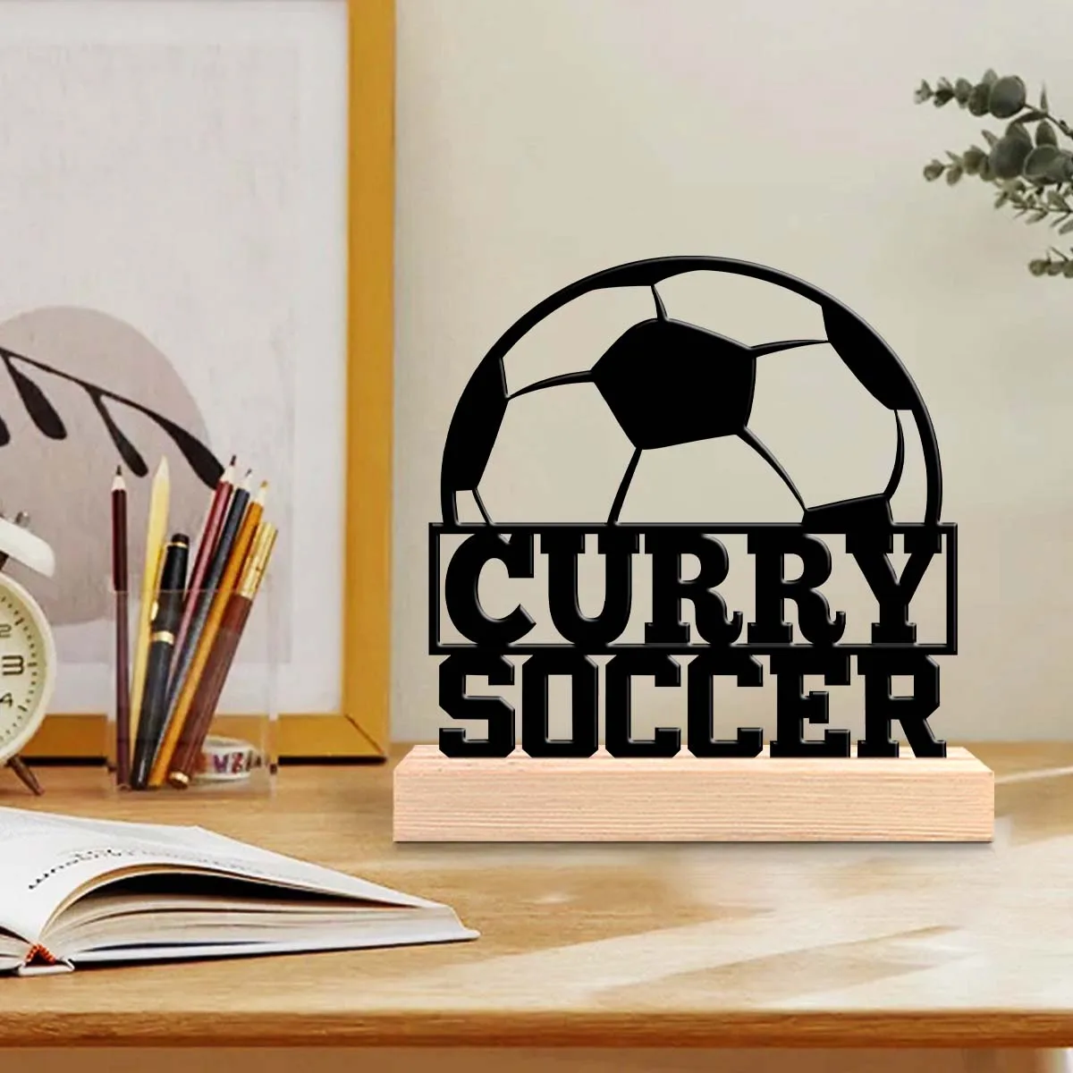 1Pc Csutom Name Half Soccer Wooden Base Metal Art Ornament,Home Office Hotel Cafe Club Decor,Ideal Gift for Family Friends