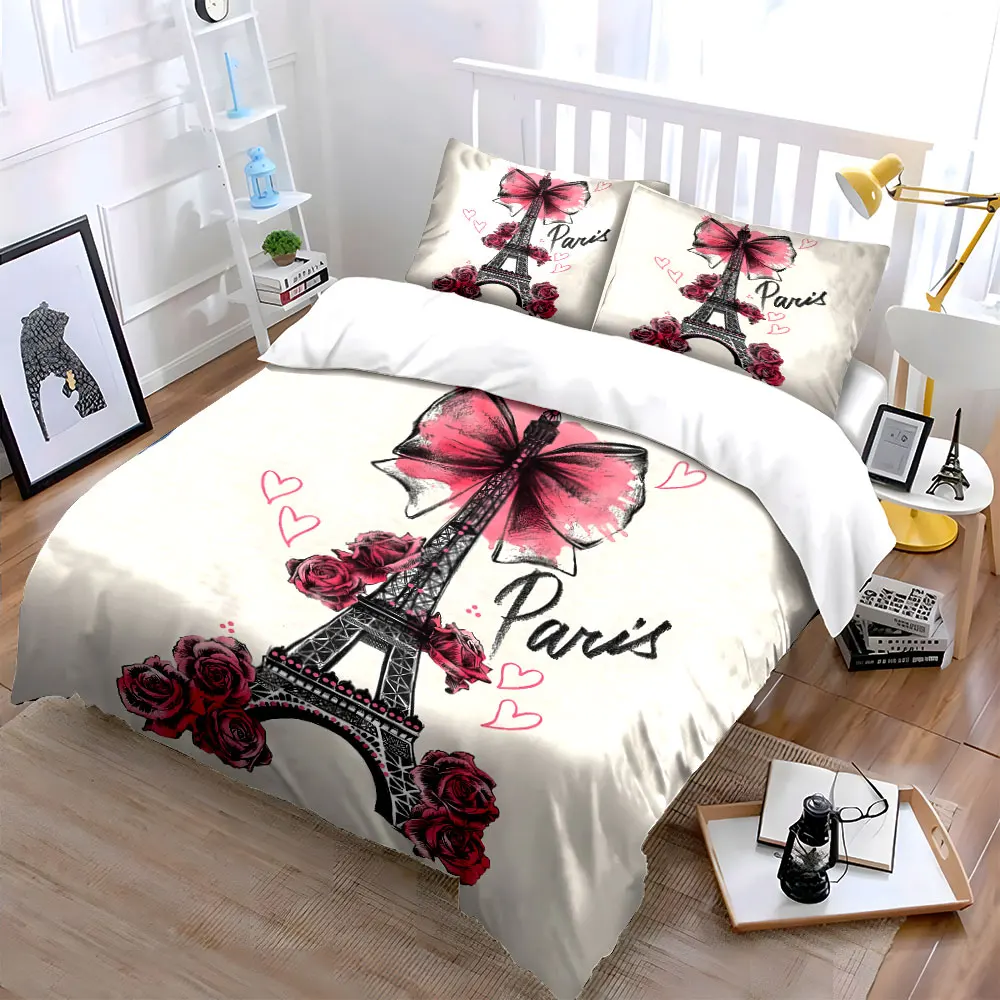 Eiffel Tower adorned with pink bow and roses Pattern Duvet Cover Set Digital Print Colorful Polyester Bedding with Zipper Closur