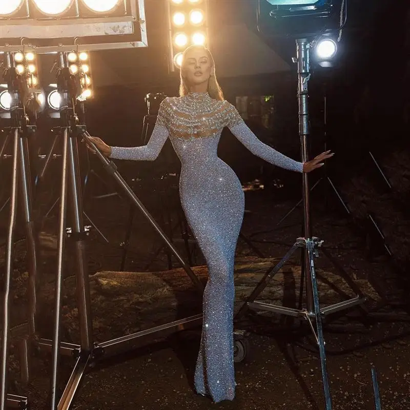 Primavera 2024 Donna Slim Fit rotondo Ne Dr Abito aderente con paillettes sexy Ele Commute Sle Vita alta Lungo Sve Maxi Dr