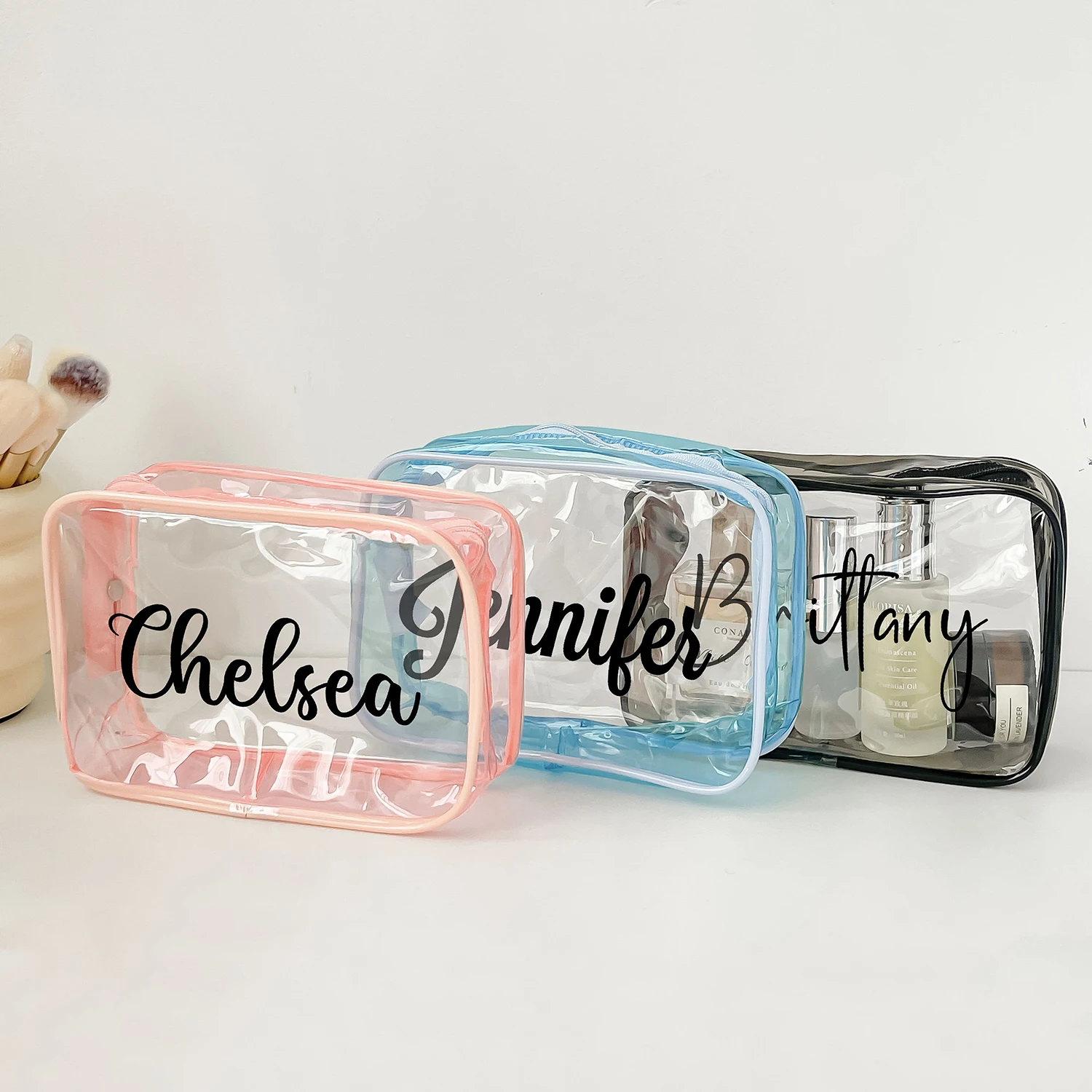 Custom Clear Makeup Bag Gift for Bridesmaids Personalized Trendy Toiletry Case Wedding Favor Bachelorette Party Summer Vacation