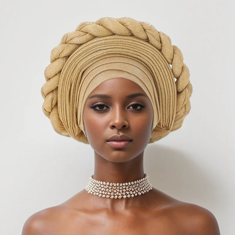 2025 New African Headtie Braids Turban Nigeria Head Ties Shimmer Already Made Auto Gele Women Head Wrap for Wedding Party Bonnet