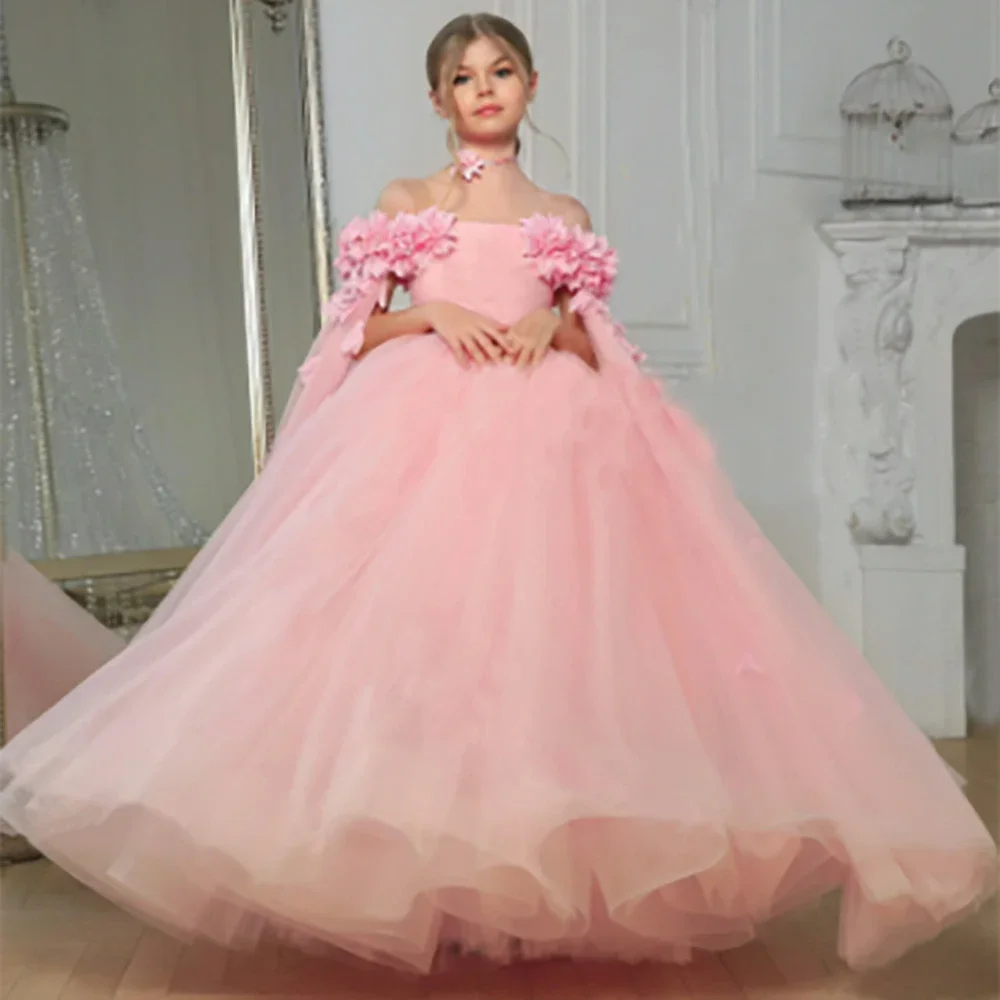 

Pink Tulle Flower Girl Dress Off - Shoulder Gown with 3D Floral Sleeves Elegant Princess Dress for Wedding Pageant Performance