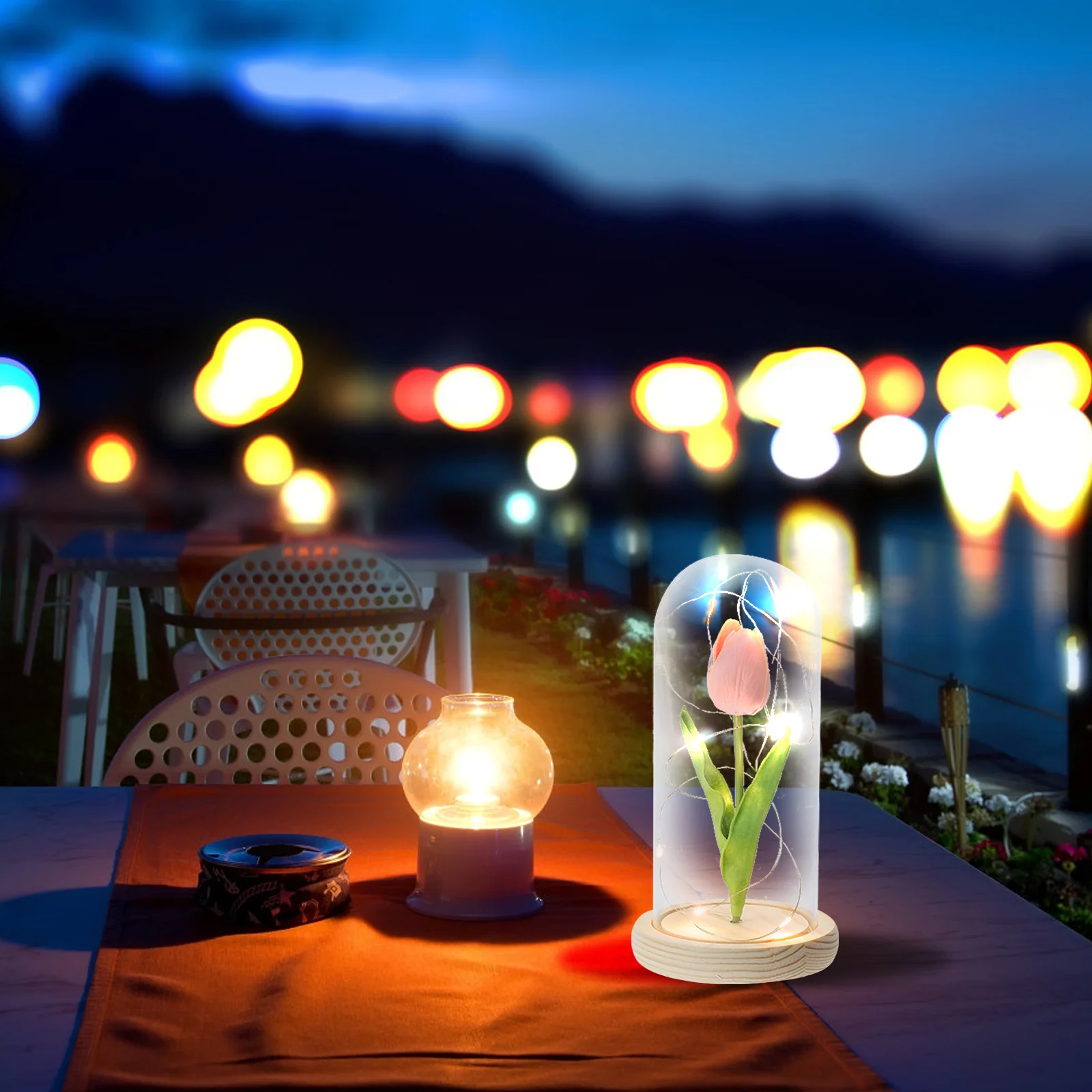 

LED Light Tulip Glass Dome Decorative Flower Ornament Delicate Desktop Decor Glowing Romantic Tabletop Adornment