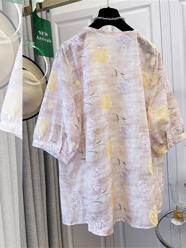 

Ele Floral Embroidery New Chinese Sle Loose ort Sve Women's irt Summer Slimming Top Versatile Casual Faion