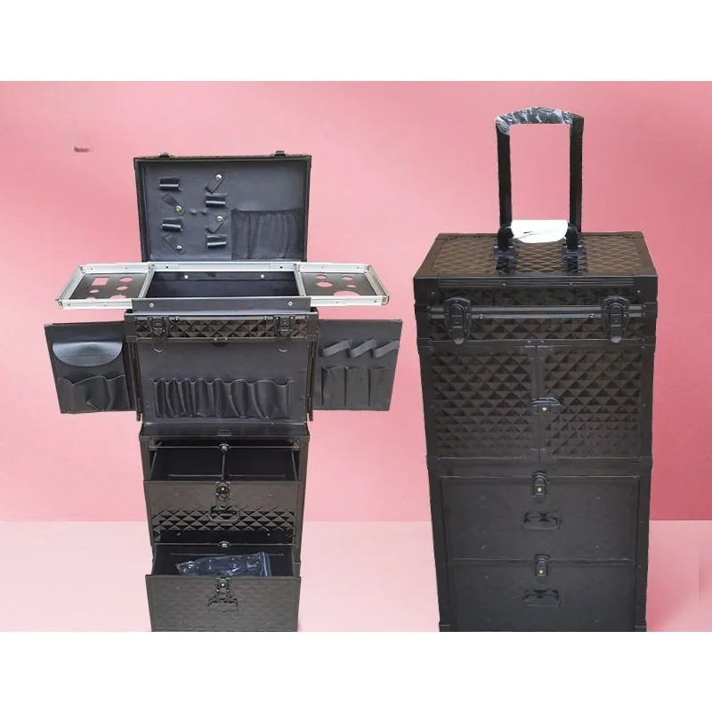 aluminum alloy trolley cosmetic case with wheels black large-capacity multi-layer makeup artist professional follow-up case