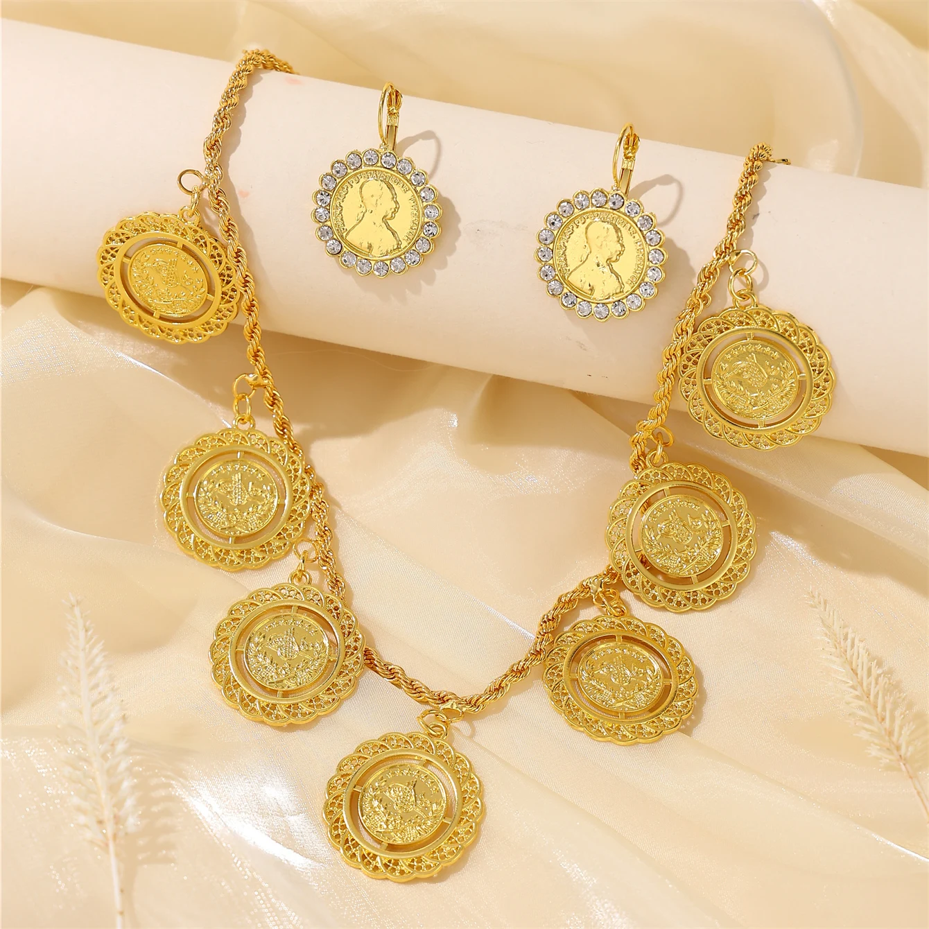 Moroccan Women's Necklace & Earrings Set Coin Design with Rhinestone Accents French Vintage Style for Weddings Banquets